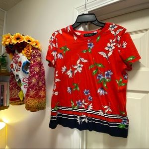 Ralph Lauren Red Floral China Pattern Short Sleeve Tee Large